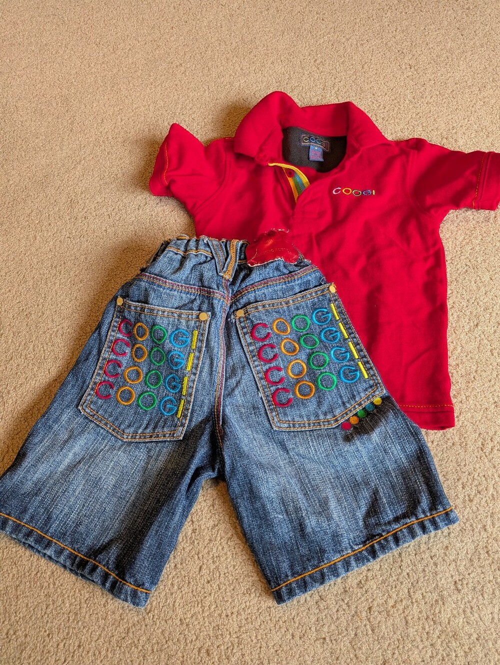 COOGI Bright Red Polo with Multicolor Trim & Embroidered Denim Shorts Boys 3T